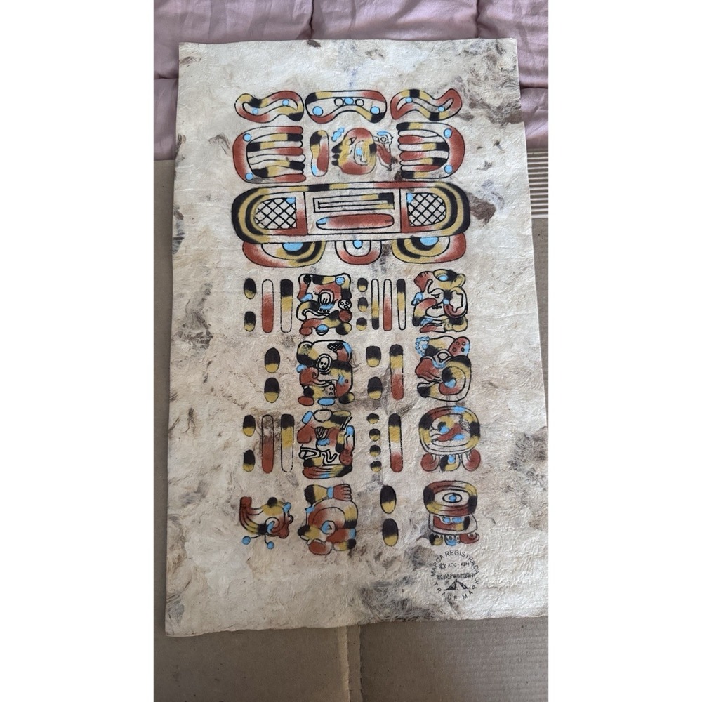Vtg Mayan Calendar Parchment Hand Painted Matted Framed Original